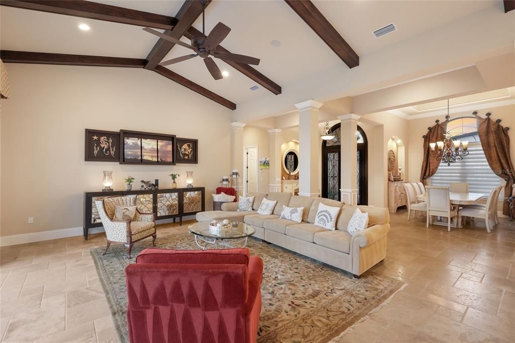 Chandelier, Dining room, Interior, Living room, Recessed Lighting, Wooden Beams