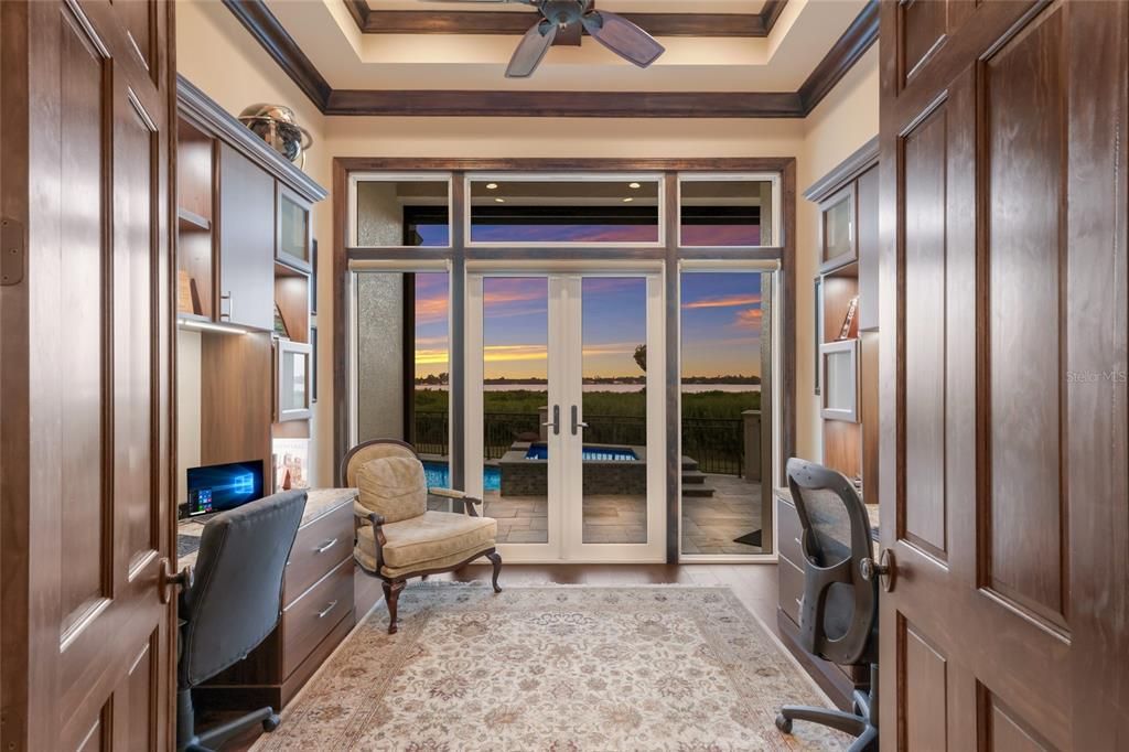 Home Office, Interior, Recessed Lighting, Water, Wooden Walls