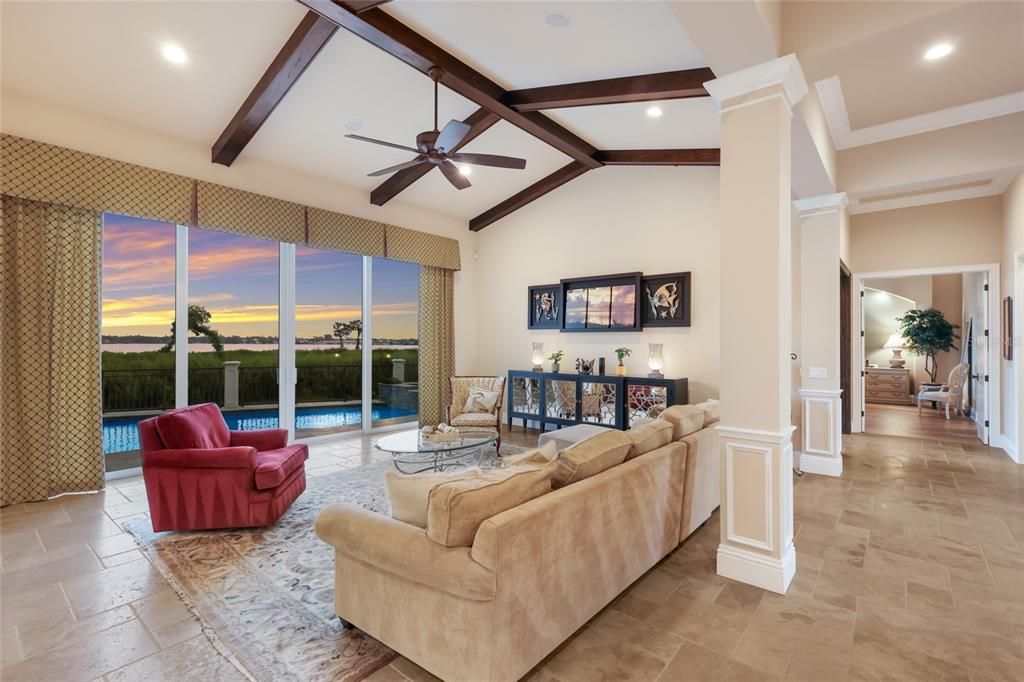 Interior, Living room, Recessed Lighting, Water, Wooden Beams