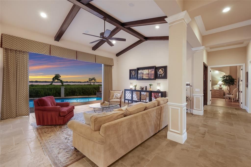 Interior, Living room, Recessed Lighting, Water, Wooden Beams