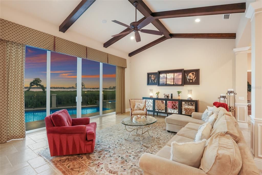 Interior, Living room, Recessed Lighting, Water, Wooden Beams