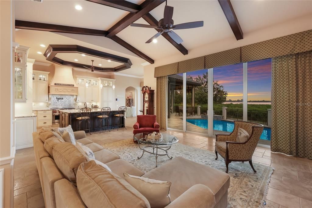 Interior, Kitchen, Living room, Recessed Lighting, Wooden Beams