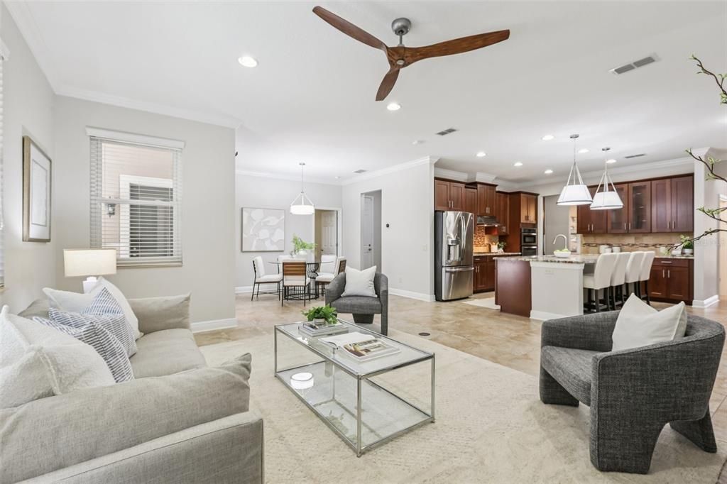 Dining room, Interior, Kitchen, Living room, Pendant Lights, Recessed Lighting, Stainless Steel Appliances