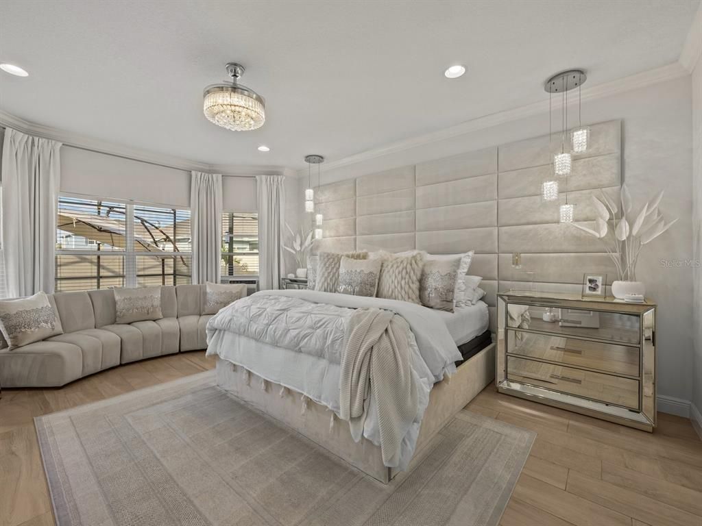 Bedroom, Chandelier, Interior, Pendant Lights, Recessed Lighting, Wood Texture Flooring