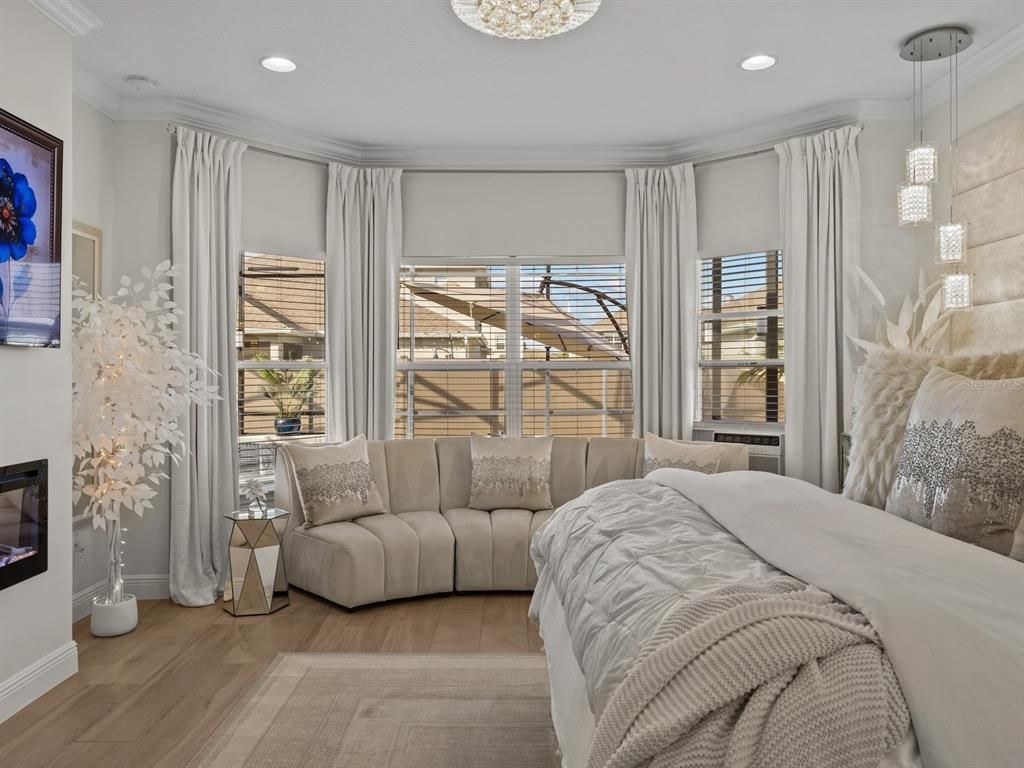Bedroom, Interior, Pendant Lights, Recessed Lighting, Wood Texture Flooring