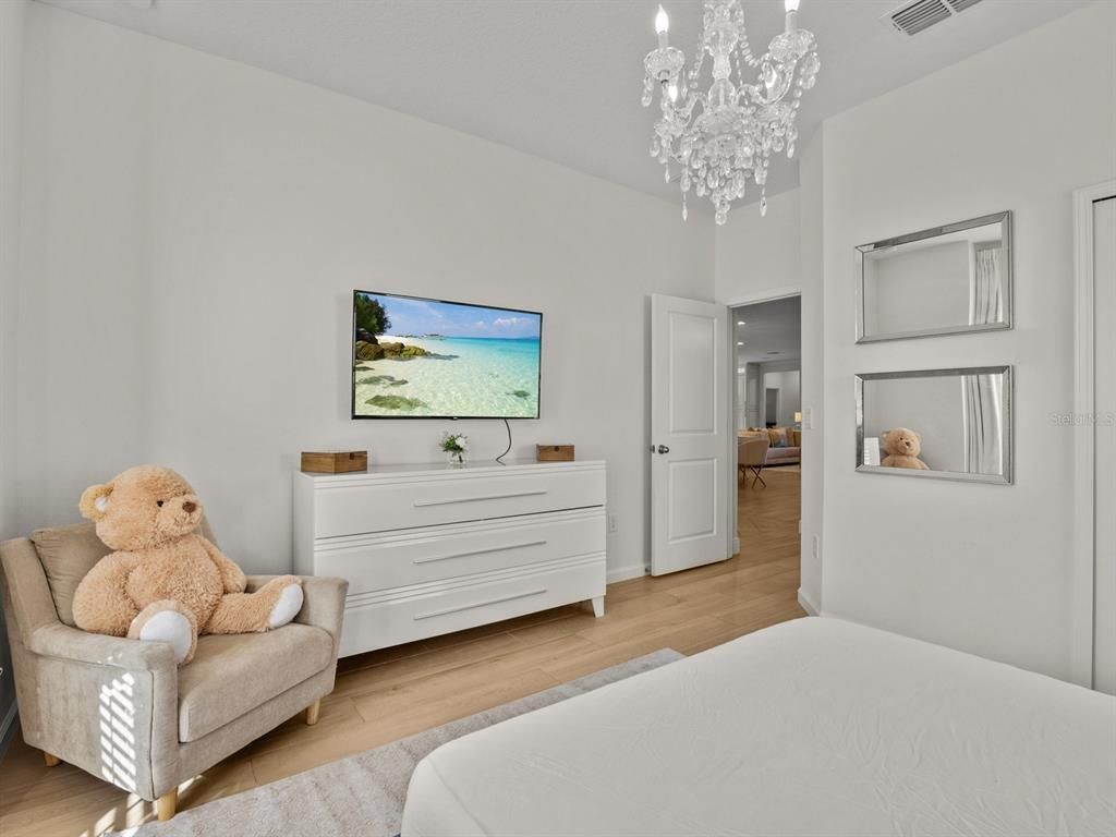 Bedroom, Chandelier, Interior, Wood Texture Flooring