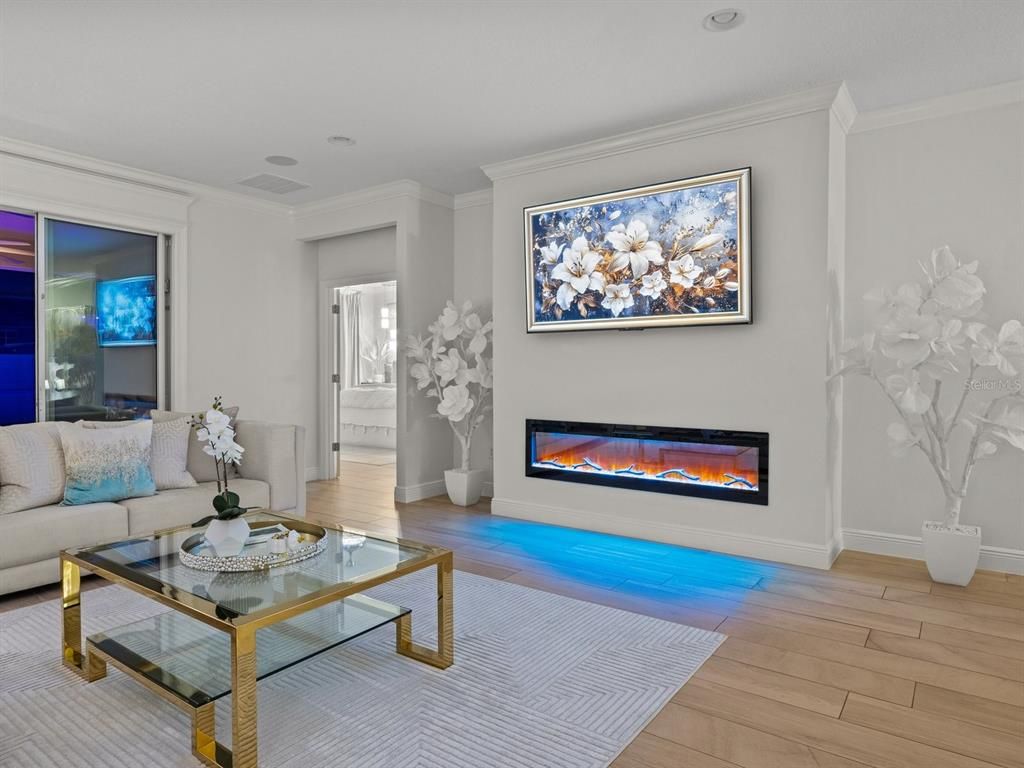 Fireplace, Interior, Living room, Recessed Lighting, Wood Texture Flooring