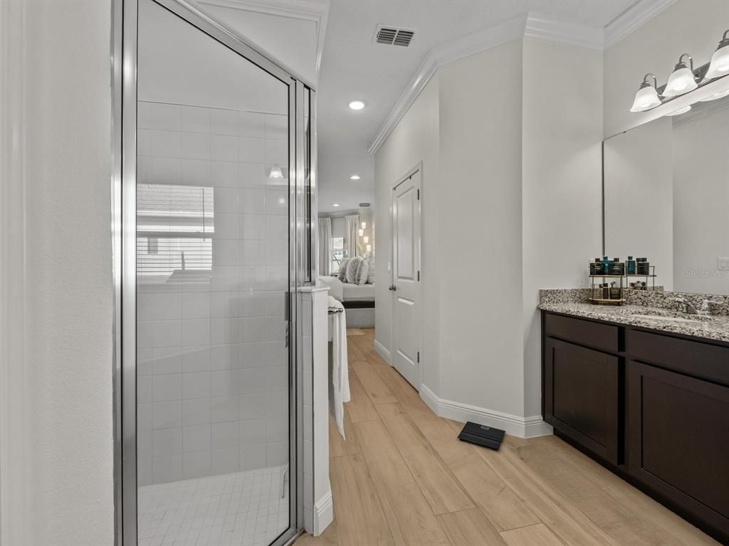 Bathroom, Glass Shower, Interior, Recessed Lighting, Wood Texture Flooring