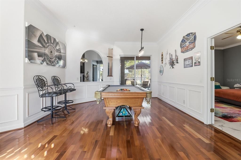 Billiard Table, Game Room, Interior, Pendant Lights, Wood Texture Flooring