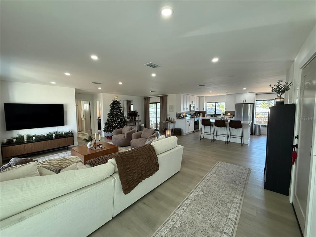 Interior, Kitchen, Living room, Recessed Lighting, Stainless Steel Appliances, Wood Texture Flooring