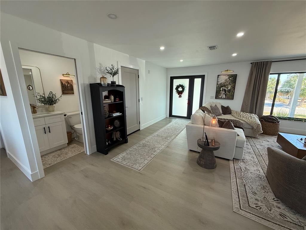 Interior, Living room, Recessed Lighting, Wood Texture Flooring