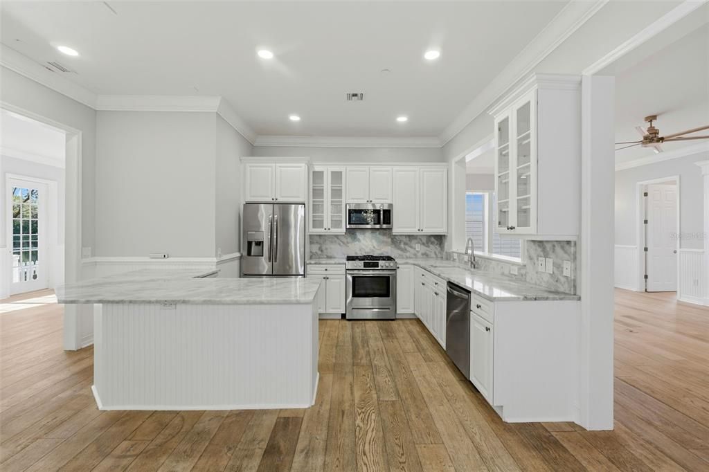 Interior, Kitchen, Recessed Lighting, Stainless Steel Appliances, Wood Texture Flooring