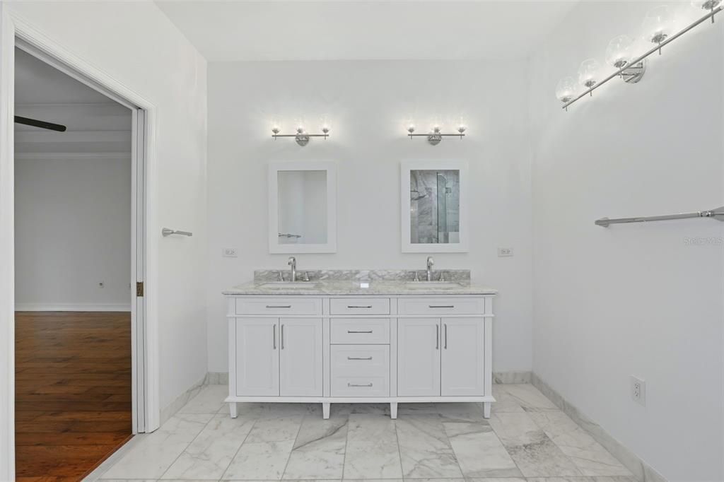 Bathroom, Dual Sink Vanities, Interior, Marble, Wood Texture Flooring