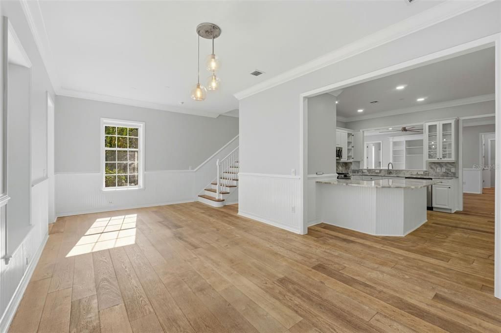 Empty room, Interior, Kitchen, Pendant Lights, Recessed Lighting, Wood Texture Flooring