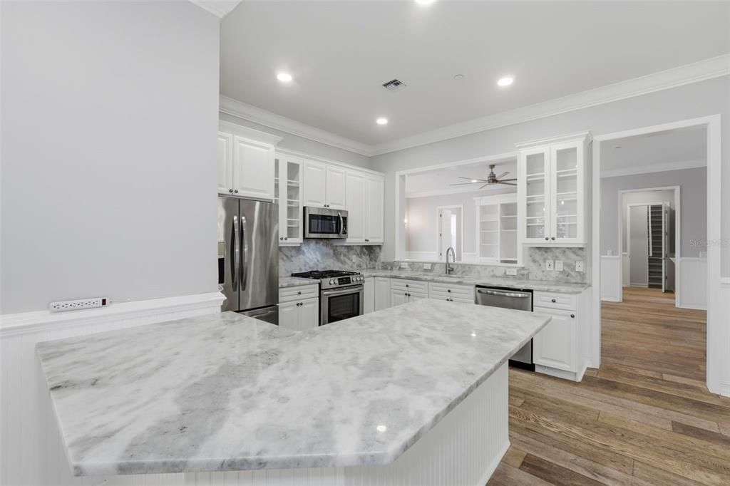 Interior, Kitchen, Recessed Lighting, Stainless Steel Appliances, Wood Texture Flooring