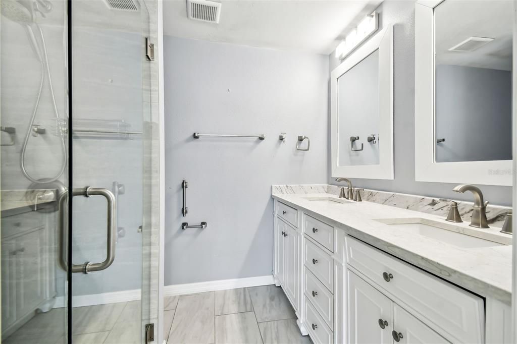 Bathroom, Dual Sink Vanities, Glass Shower, Interior, Wood Texture Flooring