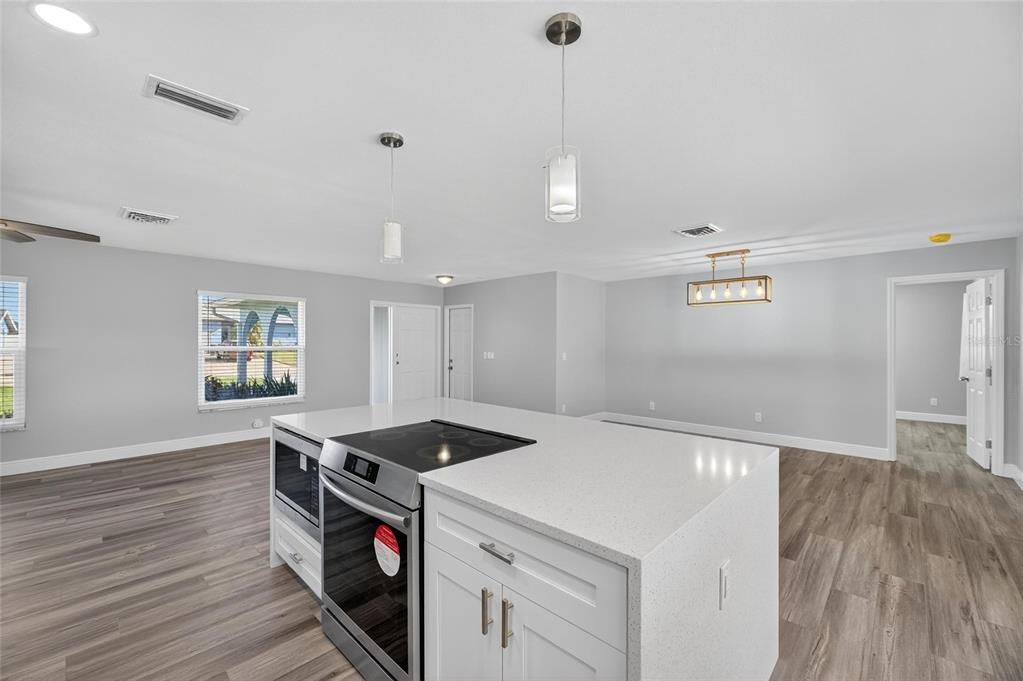 Interior, Kitchen, Pendant Lights, Recessed Lighting, Wood Texture Flooring