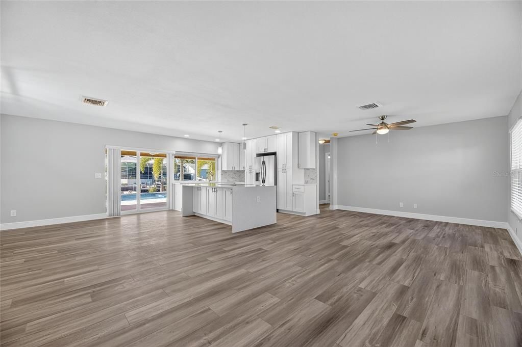 Empty room, Interior, Kitchen, Pendant Lights, Wood Texture Flooring
