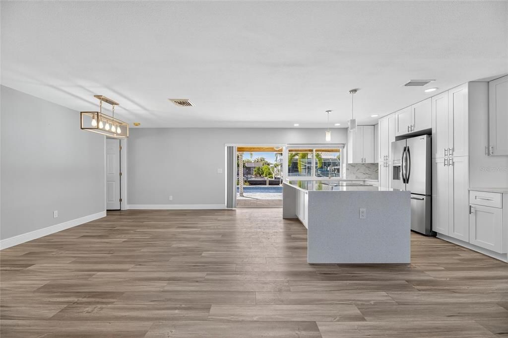 Interior, Kitchen, Pendant Lights, Recessed Lighting, Wood Texture Flooring