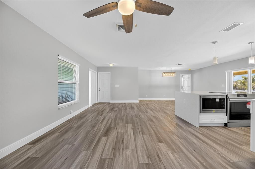 Empty room, Interior, Kitchen, Pendant Lights, Wood Texture Flooring