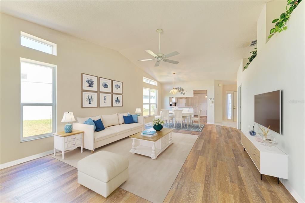 Dining room, Interior, Kitchen, Living room, Pendant Lights, Wood Texture Flooring