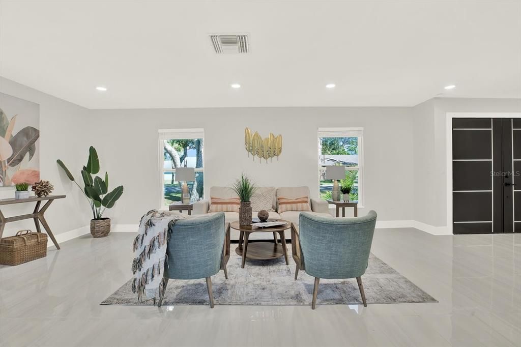 Interior, Living room, Recessed Lighting, Wood Texture Flooring