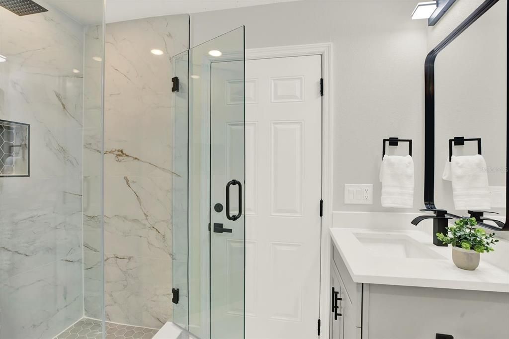 Bathroom, Glass Shower, Interior, Marble Walls, Recessed Lighting
