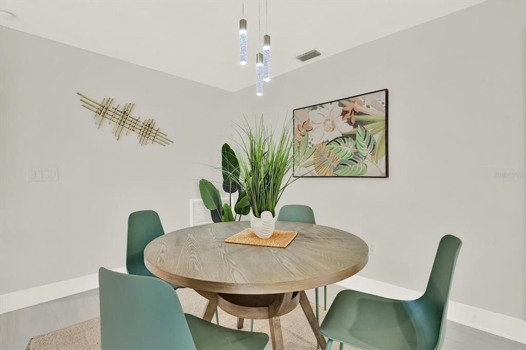Dining room, Interior, Pendant Lights, Wood Texture Flooring