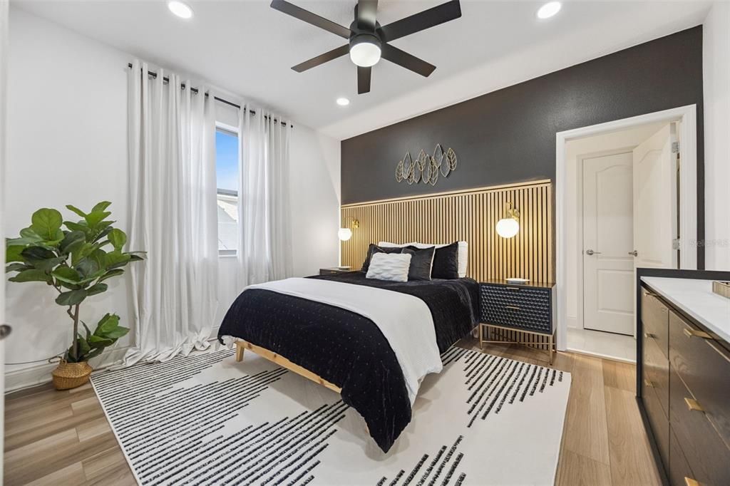 Bedroom, Interior, Recessed Lighting, Wood Texture Flooring