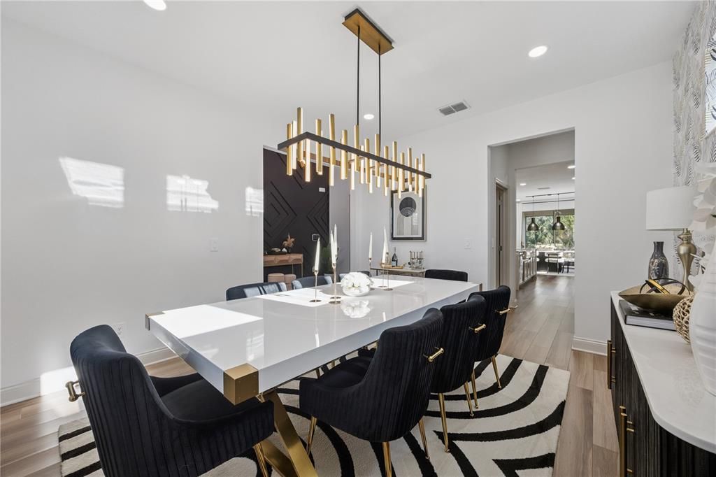 Dining room, Interior, Pendant Lights, Recessed Lighting, Wood Texture Flooring