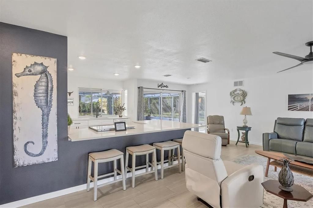 Dining room, Interior, Living room, Recessed Lighting, Wood Texture Flooring