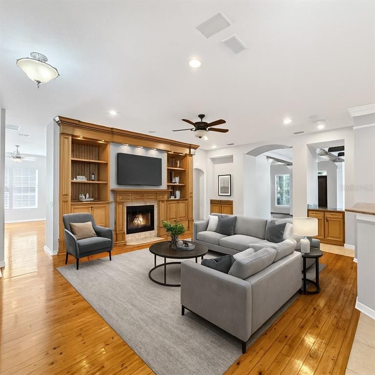 Fireplace, Interior, Living room, Recessed Lighting, Wood Texture Flooring