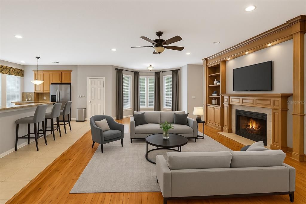 Fireplace, Interior, Kitchen, Living room, Pendant Lights, Recessed Lighting, Stainless Steel Appliances, Wood Texture Flooring