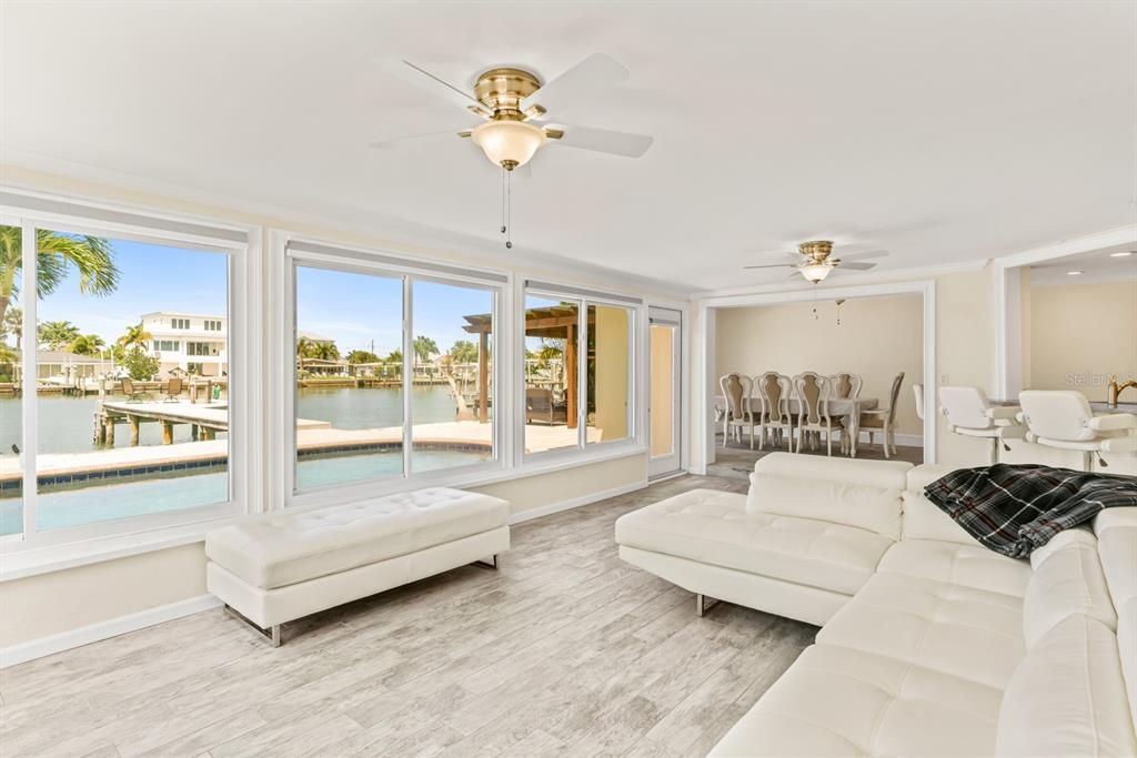 Dining room, Interior, Living room, Recessed Lighting, Water, Wood Texture Flooring