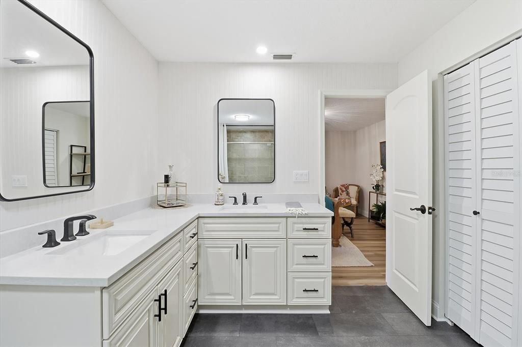 Bathroom, Dual Sink Vanities, Interior, Recessed Lighting, Wood Texture Flooring