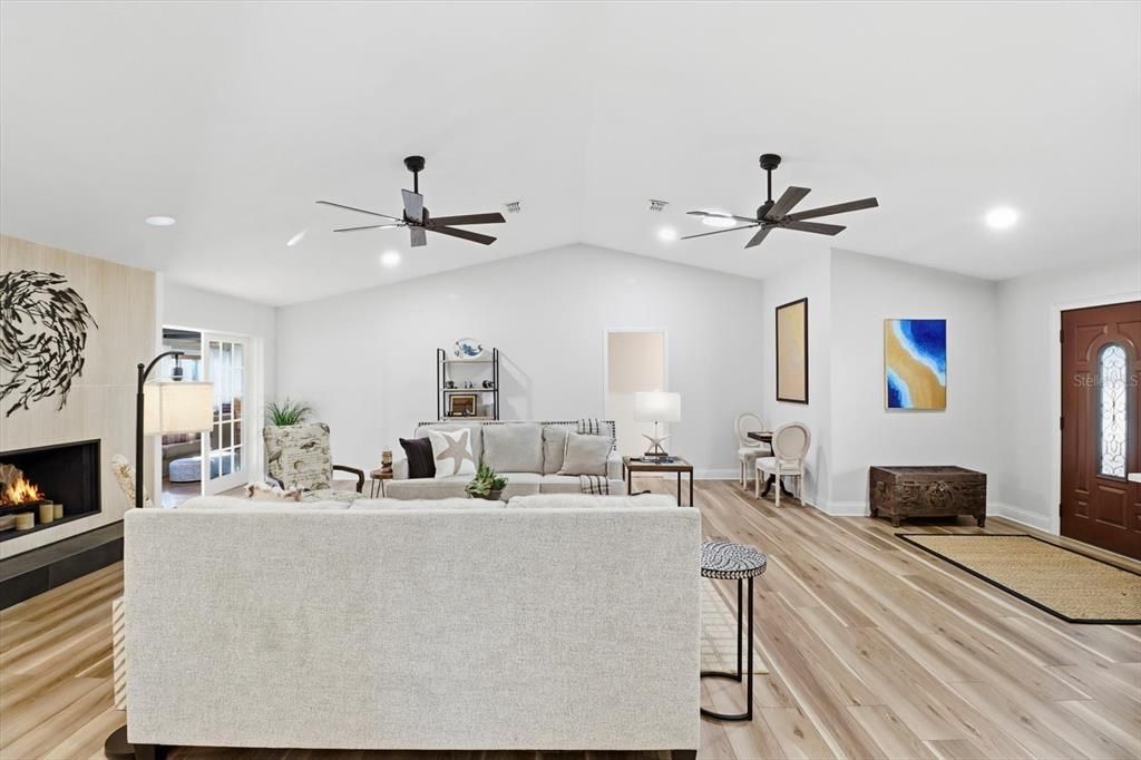 Fireplace, Interior, Living room, Recessed Lighting, Wood Texture Flooring