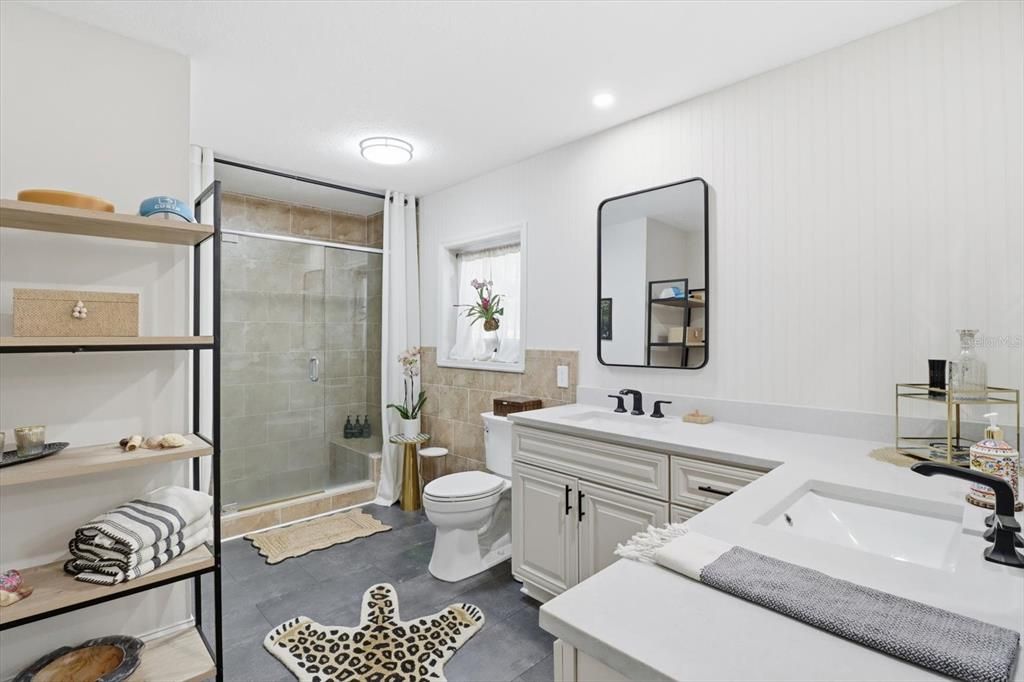 Bathroom, Dual Sink Vanities, Glass Shower, Interior, Recessed Lighting