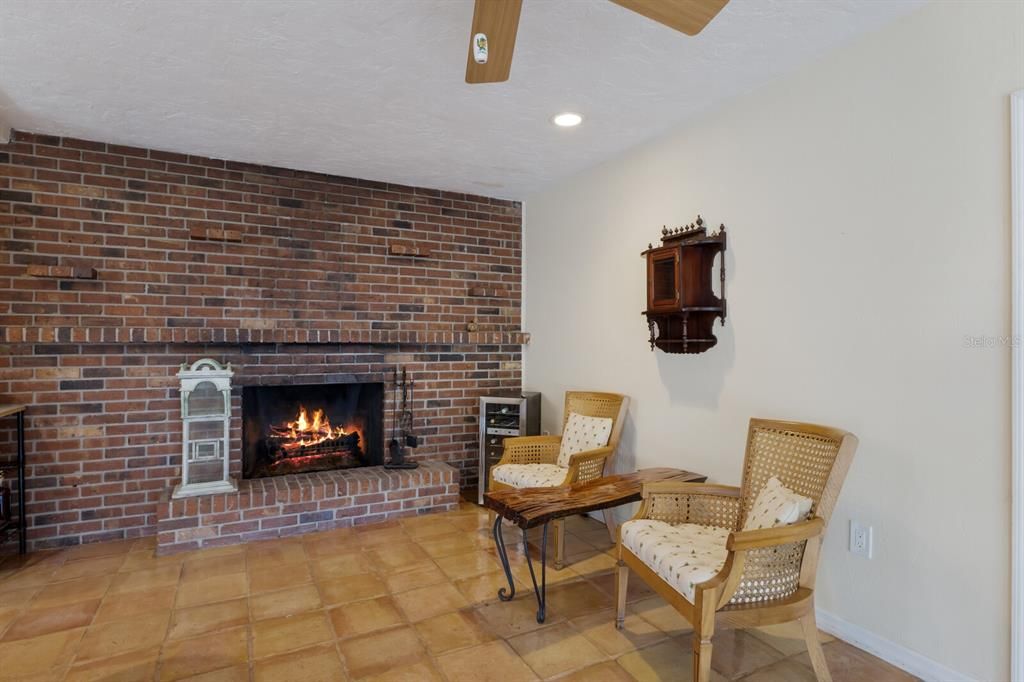 Fireplace, Interior, Recessed Lighting, Stone Walls