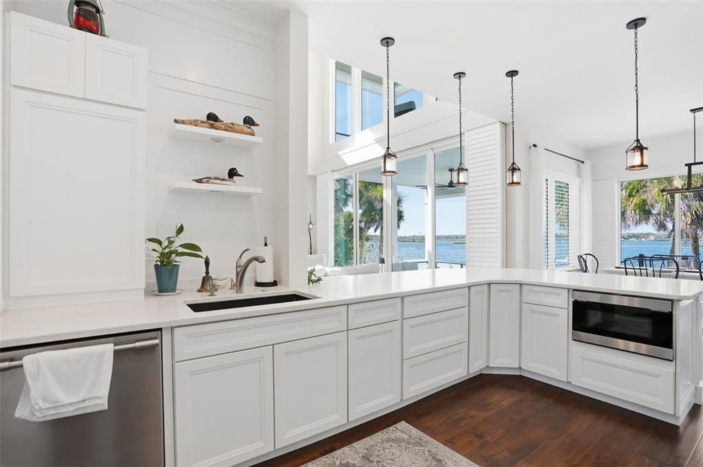 Interior, Kitchen, Pendant Lights, Stainless Steel Appliances, Water, Wood Texture Flooring