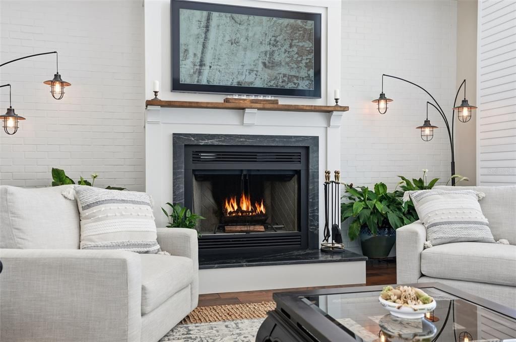 Fireplace, Interior, Living room, Stone Walls, Wood Texture Flooring