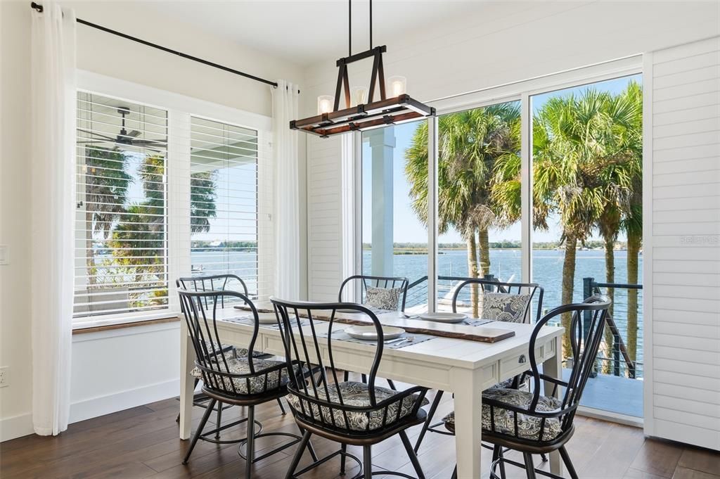 Dining room, Interior, Pendant Lights, Water, Wood Texture Flooring