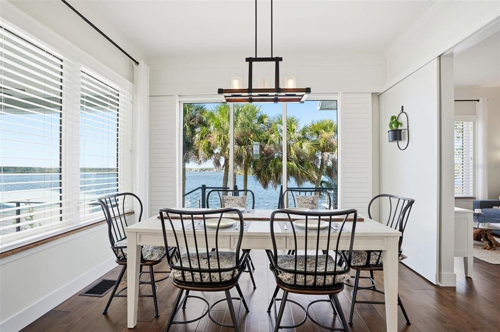 Dining room, Interior, Pendant Lights, Water, Wood Texture Flooring