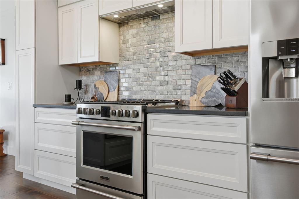 Interior, Kitchen, Stainless Steel Appliances, Stone Walls, Wood Texture Flooring