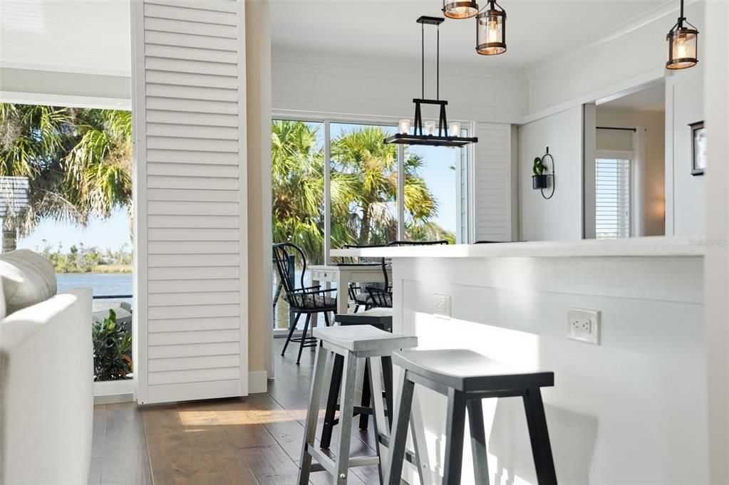 Dining room, Interior, Pendant Lights, Water, Wood Texture Flooring