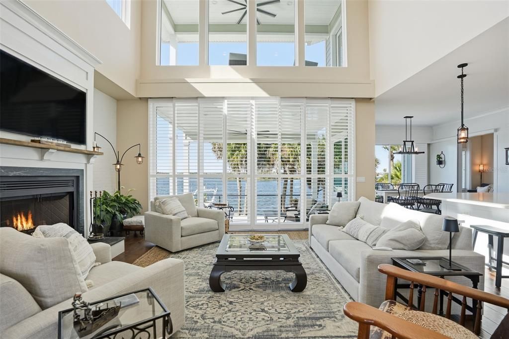 Dining room, Fireplace, Interior, Living room, Pendant Lights, Water