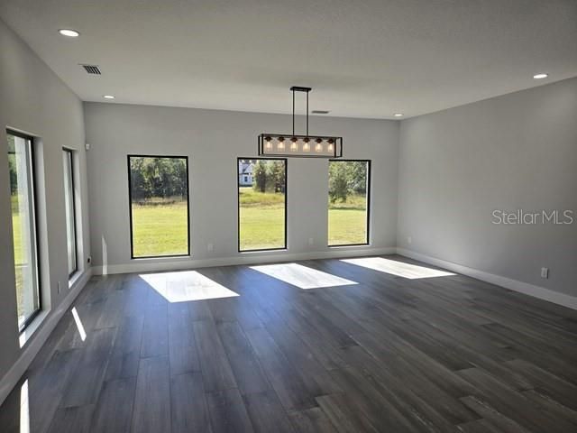 Empty room, Interior, Pendant Lights, Recessed Lighting, Wood Texture Flooring