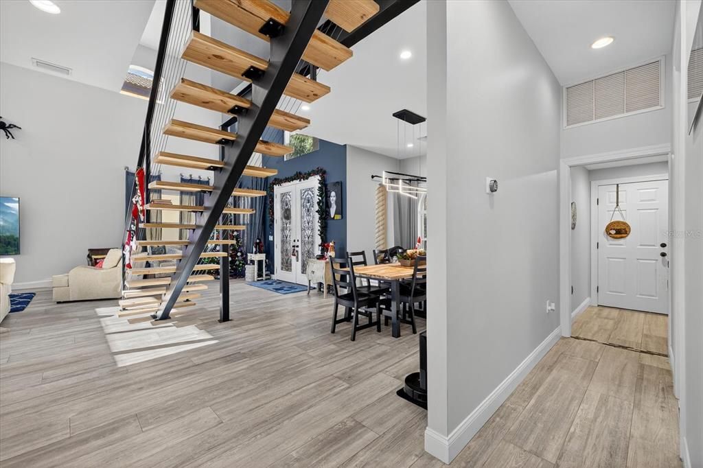 Dining room, Interior, Pendant Lights, Recessed Lighting, Wooden Beams, Wood Texture Flooring