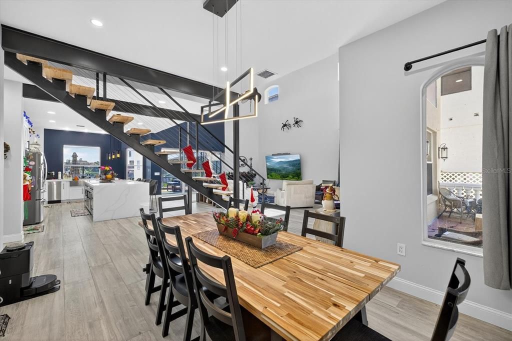 Dining room, Interior, Pendant Lights, Recessed Lighting, Wood Texture Flooring