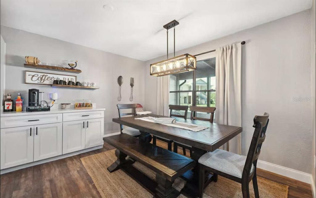 Dining room, Interior, Pendant Lights, Wood Texture Flooring