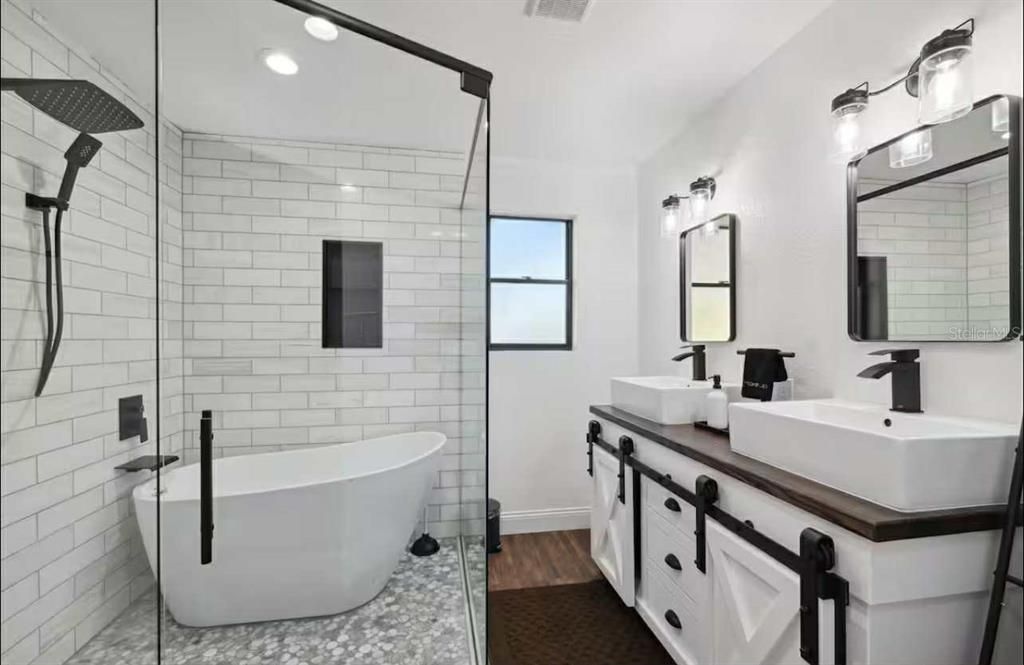 Bathroom, Dual Sink Vanities, Free Standing Baths, Glass Shower, Interior, Recessed Lighting, Wood Texture Flooring